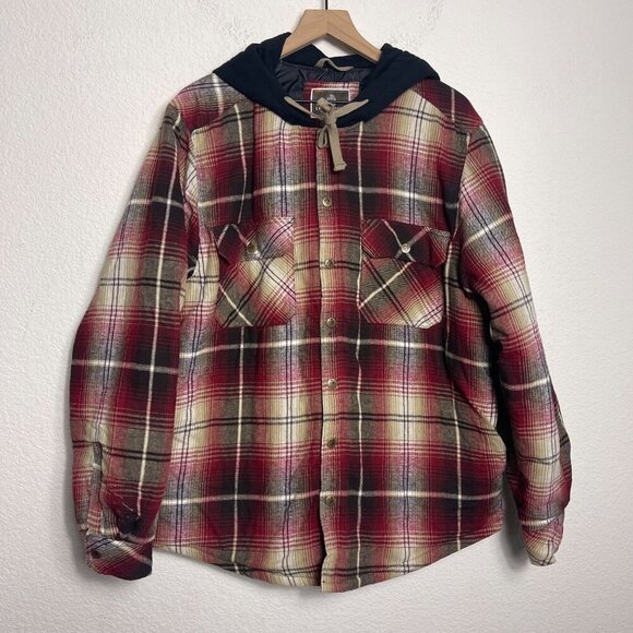 Legendary Outfitters Plaid Shacket Large Red/Brown Hooded Snap Front Drawstring - Picture 3 of 13